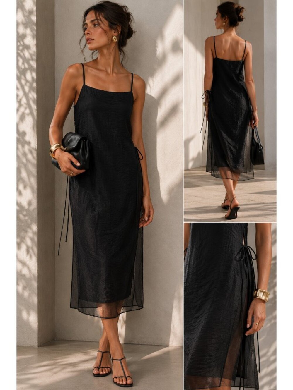 Monmouth Black Sheer Layered Midi Dress Side Tie Spaghetti Strap Minimalist M